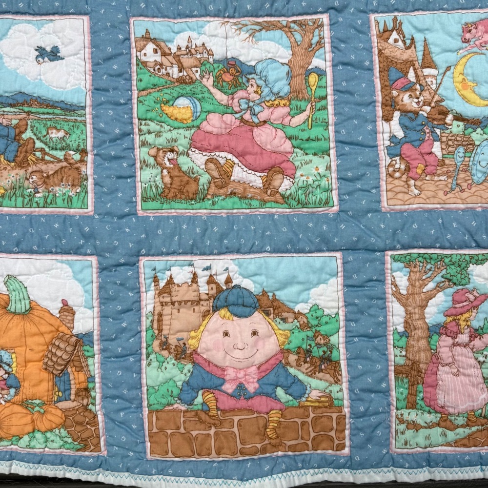 Vintage Nursery Rhyme Baby Crib Quilt 40.5x50.5 Humpty Dumpty Storybook